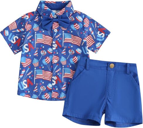 Rtnnsbbfcm 4th of July Toddler Boy Outfit American Flag and Dog Red Blue Shirt and Plaid Shorts Sets Patriotic Baby Clothes in Saudi Arabia