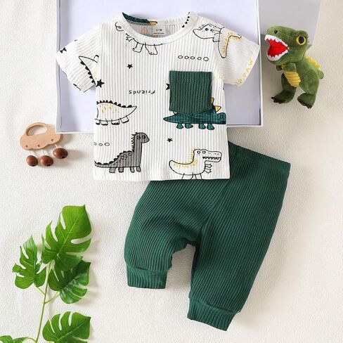 Baby Boy Dinosaur Outfits 2Pcs Infant Short Sleeve Top and Ribbed Pants Set Newborn Clothing Set Dark Green in Saudi Arabia