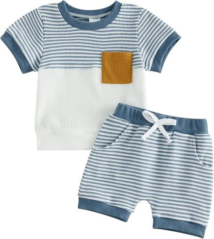 Baby Boy Clothes Toddler Summer Outfit Waffle Knit Pocket T-Shirt Tops Striped Shorts Set 6 12 18 24 Months Clothing in Kuwait