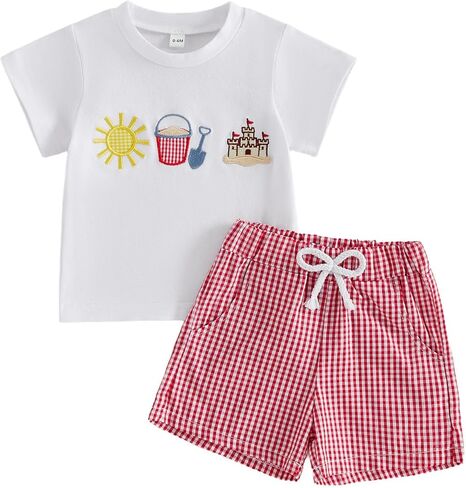 Toddler Baby Boy Summer Clothes Embroidery Short Sleeve T-Shirt Top & Plaid Shorts 2Pcs Set Casual Outfit in Kuwait