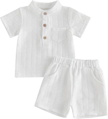 Karuedoo Toddler Baby Boy Summer Outfit Solid Color Textured Button Down Short Sleeve Henley Shirt Tops Shorts Set in Kuwait