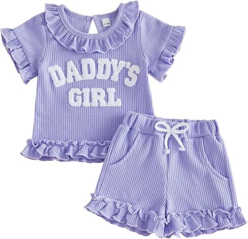 allshope Toddler Baby Girl Summer Outfit Daddy Girl Embroidery Ruffle T Shirt Tops Shorts Set Newborn Infant Waffle Clothes in Saudi Arabia