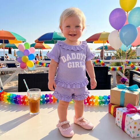 allshope Toddler Baby Girl Summer Outfit Daddy Girl Embroidery Ruffle T Shirt Tops Shorts Set Newborn Infant Waffle Clothes in Saudi Arabia
