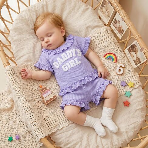 allshope Toddler Baby Girl Summer Outfit Daddy Girl Embroidery Ruffle T Shirt Tops Shorts Set Newborn Infant Waffle Clothes in Saudi Arabia