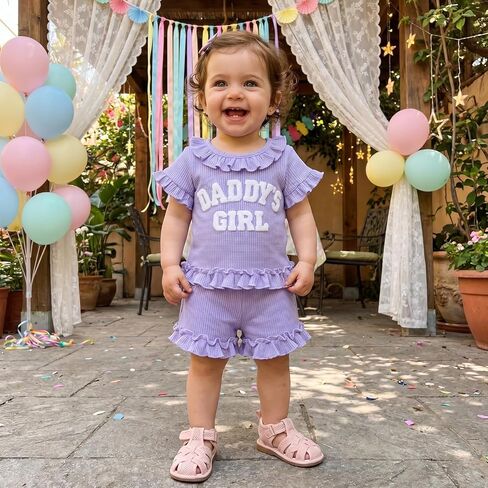 allshope Toddler Baby Girl Summer Outfit Daddy Girl Embroidery Ruffle T Shirt Tops Shorts Set Newborn Infant Waffle Clothes in Saudi Arabia