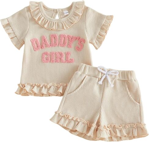 allshope Toddler Baby Girl Summer Outfit Daddy Girl Embroidery Ruffle T Shirt Tops Shorts Set Newborn Infant Waffle Clothes in Saudi Arabia