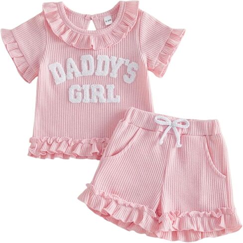 allshope Toddler Baby Girl Summer Outfit Daddy Girl Embroidery Ruffle T Shirt Tops Shorts Set Newborn Infant Waffle Clothes in Saudi Arabia