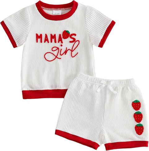 Mamas Girl Toddler Girl Outfit Short Sleeve Knit Shirts Strawberry T-shirt with Shorts 2Pcs Summer Clothes Set in Kuwait