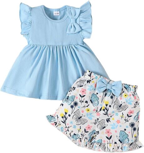 Baby Girls' Ruffle Top & Butterfly Shorts Set – Blue Ribbed Outfit for 6M-3Y Toddler Summer Clothes in Kuwait