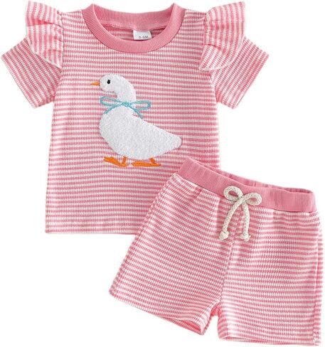 Toddler Baby Girl Summer Clothes Silly Goose Embroidery Short Sleeve T-Shirt Tops Shorts 2Pcs Set Farm Goose Outfit in Saudi Arabia