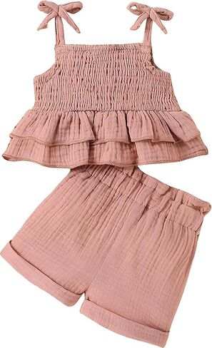 VARMILO Toddler Girl 2 Piece Outfit Set,Ruffle Crinkle Cami Top with Bow Straps and Roll-Up Shorts for Summer Casual Playwear in Saudi Arabia