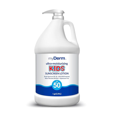 غسول واقي من الشمس فائق الترطيب للأطفال بعامل حماية من الشمس SPF 50 من MyDerm، خالٍ من الأوكتيسالات والأوكسيبنزون ​​والأوكتينوكسات والبارابين، متوافق مع قانون الشعاب المرجانية في هاواي 104، 128 أونصة (1 جالون)، حماية واسعة النطاق من الأشعة فوق البنفسجية ف in Kuwait
