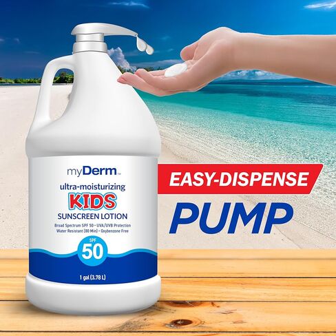 غسول واقي من الشمس فائق الترطيب للأطفال بعامل حماية من الشمس SPF 50 من MyDerm، خالٍ من الأوكتيسالات والأوكسيبنزون ​​والأوكتينوكسات والبارابين، متوافق مع قانون الشعاب المرجانية في هاواي 104، 128 أونصة (1 جالون)، حماية واسعة النطاق من الأشعة فوق البنفسجية ف in Kuwait