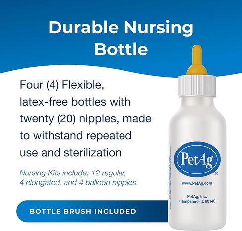 PetAg Nursing Kit - 2 oz, Pack of 2 - Promotes The Natural Feeding of Liquids to Baby Animals - Each Kit Includes 2 oz. Bottle with Cap, 5 Nipples & Cleaning Brush in Saudi Arabia
