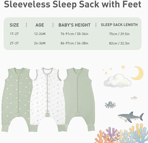 100% Organic Cotton Toddler Sleep Sacks 3 Pack with Feet Foldable Footies 12-24 Months Early Walker Baby Sleeping Sack Bag with Legs Footed Wearable Blanket Sleeveless 2-Way Zipper for Boys Girls in Saudi Arabia