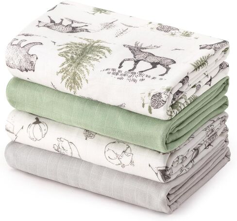david's kids Muslin Swaddle Blankets, 4 Pack Organic Cotton Baby Blankets, Breathable Soft Receiving Blanket for Boys Girls, Newborn Essentials, Large 47 x 47 inches, Animal & Forest in Saudi Arabia