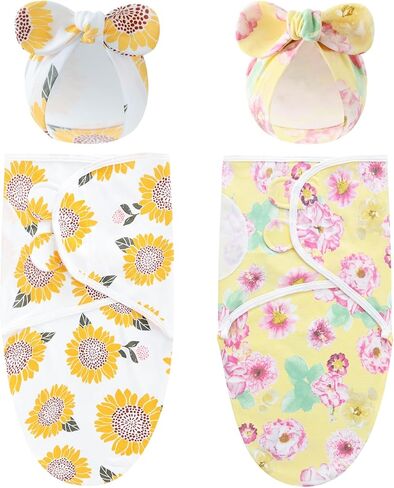 Cinaci 2 Pack Soft Cotton Baby Receiving Swaddle Blankets Wraps Sleep Sacks with Matching Bow Newborn Nursery Bow Hats Caps Beanies Bonnets for Baby Girls Boys Newborns Infants (Multicolor S5) in Kuwait
