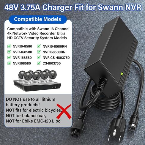شاحن بديل 48 فولت 3.75 أمبير 4 دبابيس متوافق مع مسجل فيديو شبكة Swann NVR16-8580 16 Ch 4k، محول تيار متردد لسلك الطاقة مناسب لنظام الأمان Swann 16 قناة فائق الدقة NVR16-8580RN NVR-168580 in Kuwait