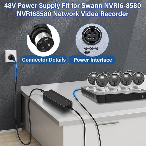 شاحن بديل 48 فولت 3.75 أمبير 4 دبابيس متوافق مع مسجل فيديو شبكة Swann NVR16-8580 16 Ch 4k، محول تيار متردد لسلك الطاقة مناسب لنظام الأمان Swann 16 قناة فائق الدقة NVR16-8580RN NVR-168580 in Kuwait