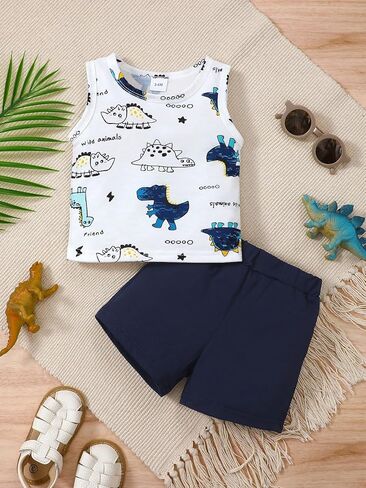 Boys' Dinosaur Print Tank Top & Shorts Set – White Navy Outfit for 3M-2Y Toddlers Casual Summer Wear in Kuwait