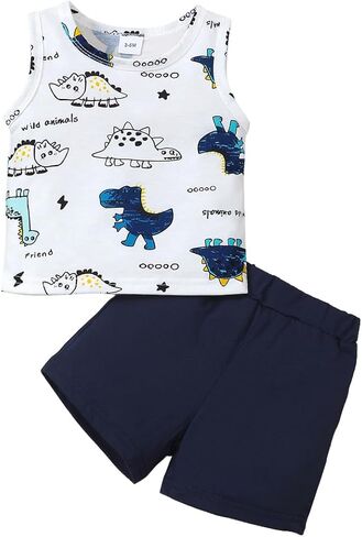 Boys' Dinosaur Print Tank Top & Shorts Set – White Navy Outfit for 3M-2Y Toddlers Casual Summer Wear in Kuwait