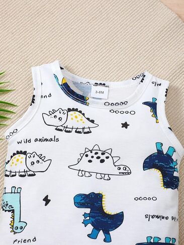 Boys' Dinosaur Print Tank Top & Shorts Set – White Navy Outfit for 3M-2Y Toddlers Casual Summer Wear in Kuwait