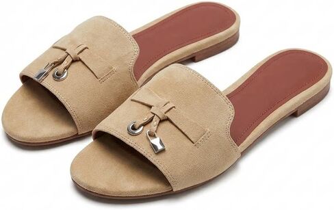 Women's Elegant Suede Slide Sandals with French Tassel Lock Buckle Open Toe Flat Summer Beach Slip-on Fashion Casual Mules in Kuwait