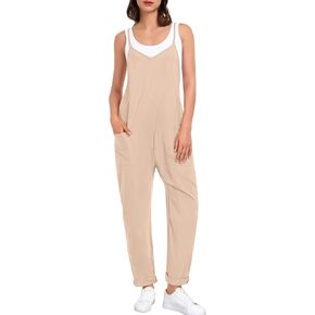 SWOMOG Women's Causal Jumpsuits V Neck Sleeveless Harem Overalls Stretchy Adjustable Strap Romper with Pockets