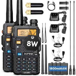 BAOFENG UV-5R Handheld Ham Radios Long Range— 8W Dual Band Rechargeable Walkie Talkie Portable Two-Way Radios，UV5R Radio with Four 1800mAh Li-ion Batteries (2 Pack)