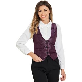 Allegra K Vintage Vest for Women's Button Up Jacquard Steampunk Suit Waistcoat with Pockets
