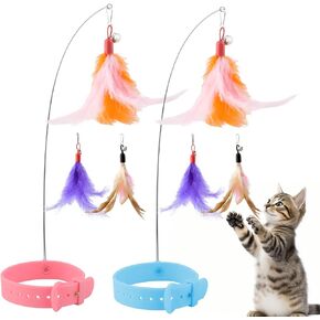 Cat Collar Toy, Cat Feather Neck Collar Toy with 6 Replacement Refills, Interactive Self Playing Toys with Bell for Indoor Kittens Small Animals