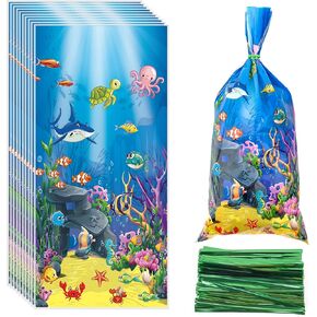 100 Pieces Under the Sea Cellophane Bag Ocean Theme Party Cello Treat Bags Plastic Ocean Animal Candy Bags with 100 Blue Twist Ties for Party Baby Shower Candy Cookie Packaging