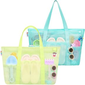 Tagitary Mesh Beach Bag with Zipper and 8 Pockets Green & Blue, Large Beach Tote Waterproof Sandproof for Camping Sports Pool Swim Bag Foldable Beach Accessories Storage Travel Bag