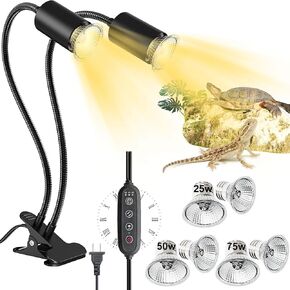 مصباح حراري للزواحف مع مشبك، 6 عبوات من مصابيح الحرارة السلحفاة UVA/UVB 25/50/75 وات مزدوجة الرأس 360 درجة توقيت قابل للدوران وتعتيم للتنين الملتحي والسحلية والسلحفاة والثعبان وحوض السمك (E26,110V) in Kuwait