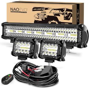 شريط إضاءة LED مقاس 20 بوصة من NAOEVO و2 قطعة مصابيح LED مقاس 4 بوصات، 100 وات 24000 لومن مقاومة للماء LED للطرق الوعرة/القيادة/أضواء الضباب، شريط إضاءة مجمع للفيضانات مع مجموعة أدوات تسخير الأسلاك - 3 سلاسل لشاحنة ATV قارب جيب in Kuwait