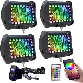 4PCS 4" inch LED Pods Flood Work Light Bar with Multi-Color Chasing RGB Halo 16 Solid Colors Over 92 Flashing Modes Offroad Pods Lights LED Driving Lamp Fog Lights with Switch Wiring Harness
