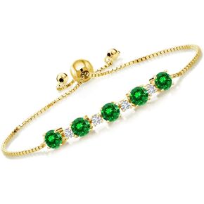 Gem Stone King 18K Yellow Gold Plated Silver Green Created Emerald and White Lab Grown Diamond Tennis Bracelet For Women (4.46 Cttw, Fully Adjustable Up to 9 Inch)