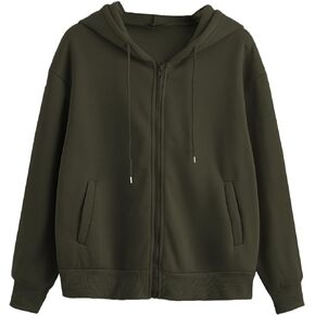 WDIRARA Women's Zip Front Drawstring Hoodie Pullover Long Sleeve Casual Sweatshirt Top