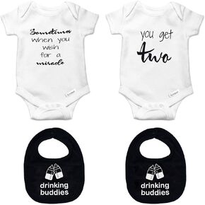 Twin Unisex Pack Baby Girls & Boys Outfits, Perfect Newborn Twins 4 Items Set. Drinking Buddies Bibs Bundle With Miracle Onesie.