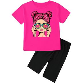 Floerns Girl's 2 Piece Outfit Figure Printed Short Sleeve Tee Biker Shorts Sets