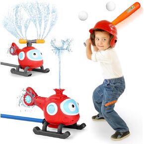 2-in-1 Water Sprinkler Baseball Helicopter Toy for Kids Outdoor Play, Attaches to Garden Hose, Summer Outside Toys Lawn Backyard Game Pool Party for Kids Age 3 4 5 6 7 8, 12 Gift