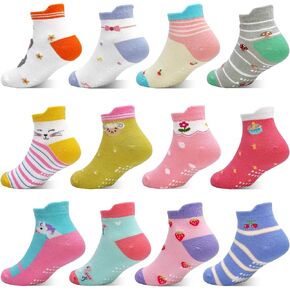 GRPSKCOS Toddler Socks Girls, Non Slip 12 Pairs Kids Ankle Socks with Grippers for 1-7 Years Children