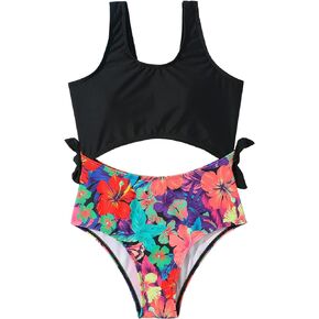 SEAUR Girls One Piece Swimsuits Summer Beach Hawaiian Bathing Suits Kids Colorblock Swimsuit Cute Printed Cutout Swimwear