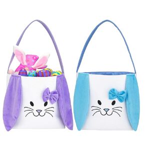 Easter Baskets for Kids - Boys and Girls Easter Egg Hunt Baskets, Cute Rabbit Bunny Printed Canvas Gift Basket for Baby, Easter Decorations Party Supplies (e-Purple+Blue)