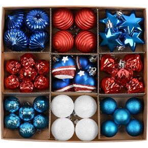 DecorbyHannah 4th of July Decorations,45ct Memorial Day Patriotic Ornaments for Tree Red White and Blue Ornament Shatterproof Hanging Tree Decoration for Independence Day,Flag Day,Christmas