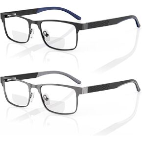 LianSan 2Pack Bifocal Reading Glasses - for Men,Mens Superior Top Clear Metal Blue Light Computer Readers with Spring Hinge(Black&Grey Bifocal,1.5x)