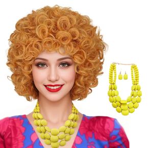 ColorGround Short Fluffy Orange Yellow Wig with Yellow Necklace for Women