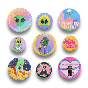 Pack of 9 Button Badge Pins Alien Britney Clueless Cat Funny Ufo Holographic Cute Kawaii Extraterrestrial Handmade Buttons (Set #3)