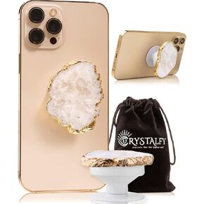 Grips by CRYSTALFY Crystal Phone Grip & Phone Stand Authentic Natural Gemstone Swappable Top, Expandable Collapsible Holder for Smartphones and Tablets (Clear Druzy)