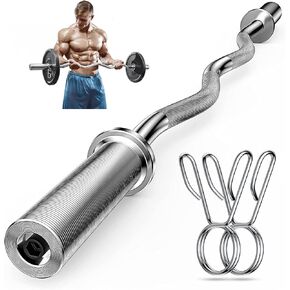 Olympic Barbell Curl Bar, 47" Strength Training EZ Bar, 370 lbs Weight Capacity for 2" Weight Plates for Biceps Curl, Squat, Weightlifting with 2 Spring Collars